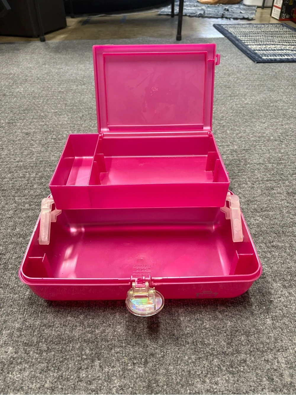 Vintage Caboodles Hot Pink Glossy Hard Shell Makeup Case with Clear Handle